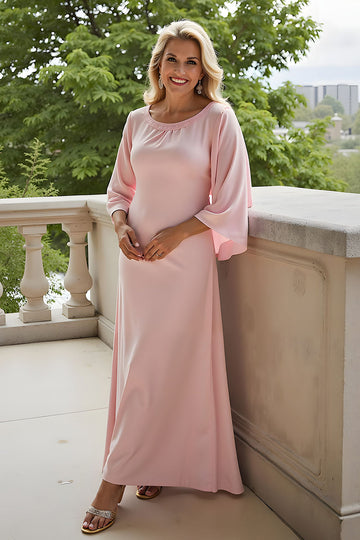 Trapèze rose bonbon col bateau manches 3/4 mousseline de soie longue robe mère de la mariée